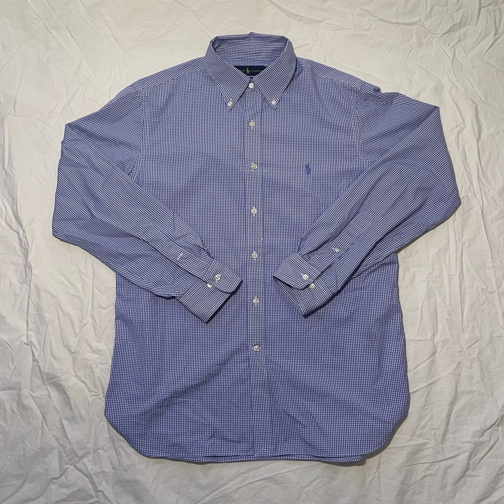Ralph Lauren Men’s Easy Care Checkered Button Down Dress Shirt - Blu/Wht